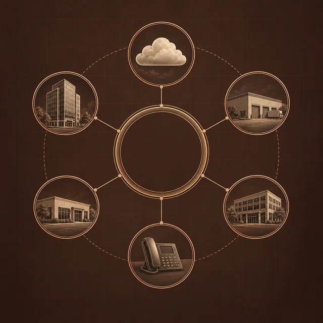 Duotone illustration: a central Spencer Hill hub links cloud services, offices, a distribution site, and desk phones across one managed network.